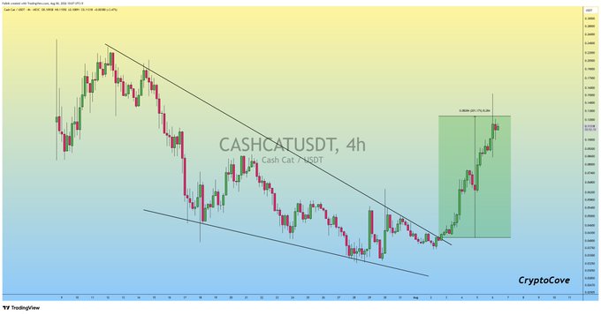 A TradingView chart shows CASHCATUSDT on a 4-hour timeframe breaking out of a descending wedge pattern, with a green-shaded rectangle on the right highlighting the post-breakout rally that delivered the +200% profit mentioned.