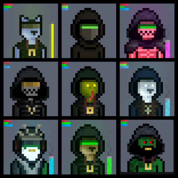 A 3x3 grid of pixel-art character portraits featuring various hooded figures with different visor colors and masks, resembling sci-fi or cyberpunk avatars from a video game.