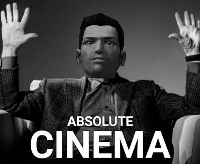 A black-and-white image shows a man with raised hands in a dramatic pose, with the text 'ABSOLUTE CINEMA' in bold white letters across the bottom.