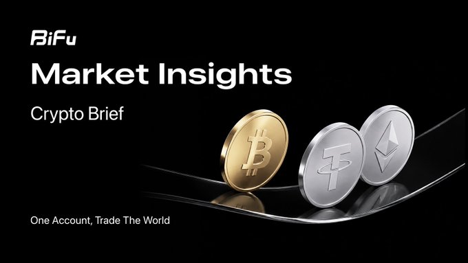 A promotional graphic for "BiFu Market Insights - Crypto Brief" with the tagline "One Account, Trade The World" and images of Bitcoin, Tether, and Ethereum coins.