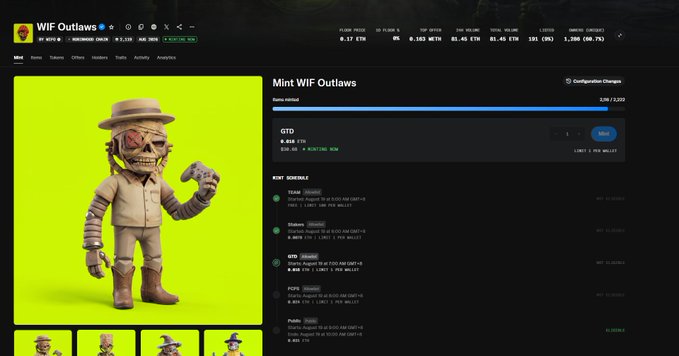 A webpage for 'WIF Outlaws' NFT minting showing a 3D skeleton cowboy character on a green background, with mint status 'Open', '3,28 / 3,200' minted, and a price of 0.018 ETH.