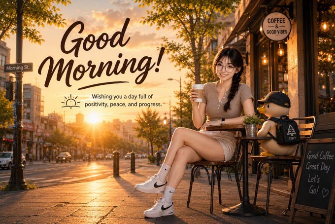 A young woman in glasses and a casual outfit sits at an outdoor café table at sunrise, holding a coffee cup beside a cute backpack-wearing duck figurine, with a "COFFEE & GOOD VIBES" sign and chalkboard reading "Good Coffee Great Day. Let's Go!" visible. The scene perfectly matches the "Good Morning, Can I get GM!" sentiment, capturing a peaceful, positive start to the day.