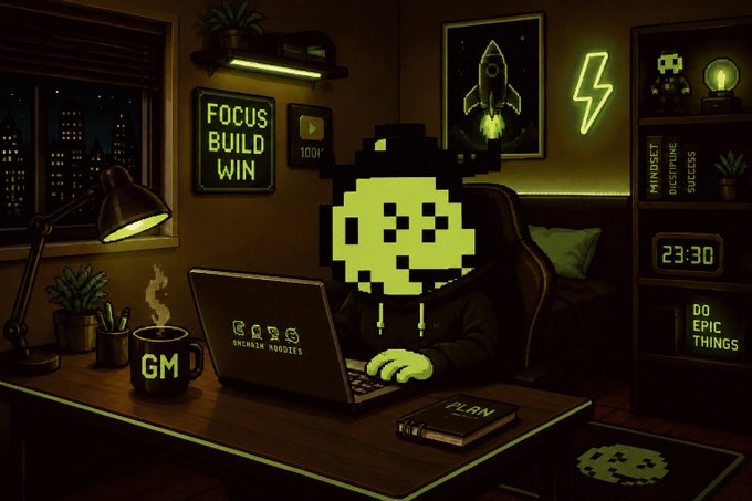 A stylized pixel-art illustration of a hooded figure with a green skull face working on a laptop in a dark room decorated with gaming and motivational items like a 'FOCUS BUILD WIN' sign.