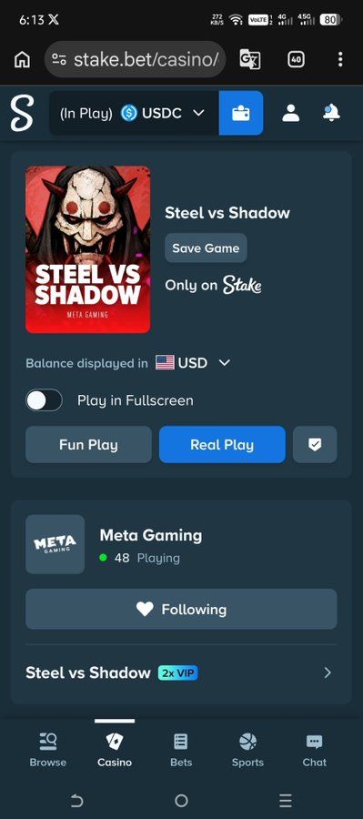 A mobile screenshot of stake.bet/casino showing the 'Steel vs Shadow' game by Meta Gaming with 48 players, featuring Fun Play and Real Play options.