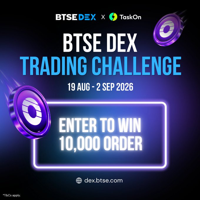 A promotional graphic for the BTSE DEX Trading Challenge in partnership with TaskOn, running 19 Aug - 2 Sep 2026, offering to 'ENTER TO WIN 10,000 ORDER' at dex.btse.com.