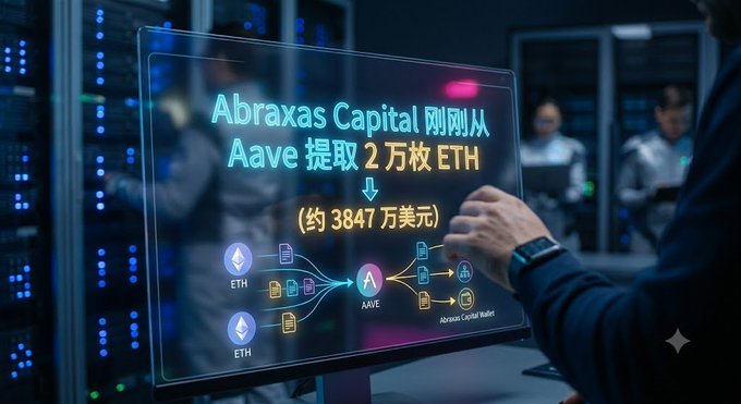 A futuristic transparent screen displays the text 'Abraxas Capital 刚刚从 Aave 提取 2万枚 ETH (约 3847 万美元)' with a flowchart showing ETH transactions to AAVE and Abraxas Capital Wallet, while people work at server racks in the background.