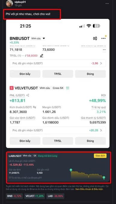 A screenshot of a cryptocurrency trading app shows two open long positions, with LABUSDT deeply underwater at -113.49% (-$4,329.82) and a profitable VELVETUSDT position up +48.99% (+$813.81), accompanied by the Vietnamese caption "Phi vui pí như nhau, chơi cho vui" at the top. The image illustrates a trader's mixed performance, highlighting a significantly losing long position that aligns with the post's commentary about an underwater LAB trade.