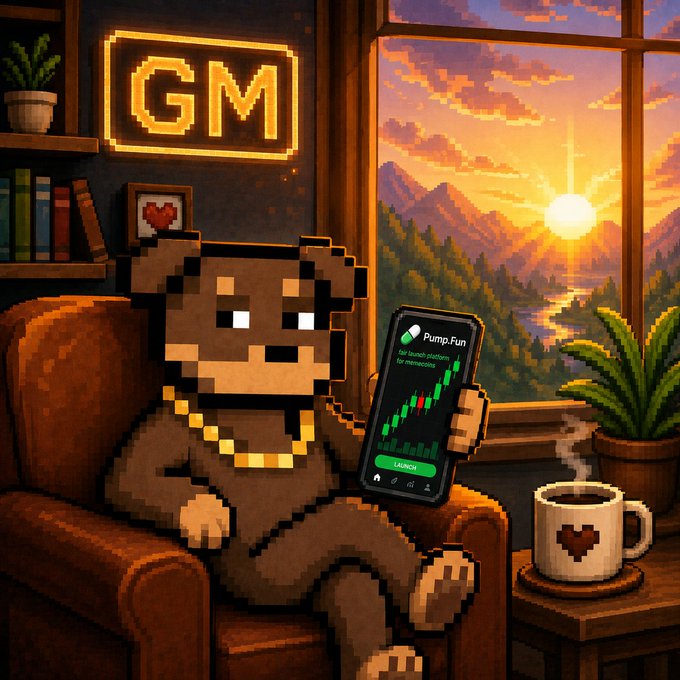 Pixel art illustration of a bear sitting in a chair by a window, holding a phone showing the Pump.Fun app, with a 'GM' neon sign and coffee mug nearby.