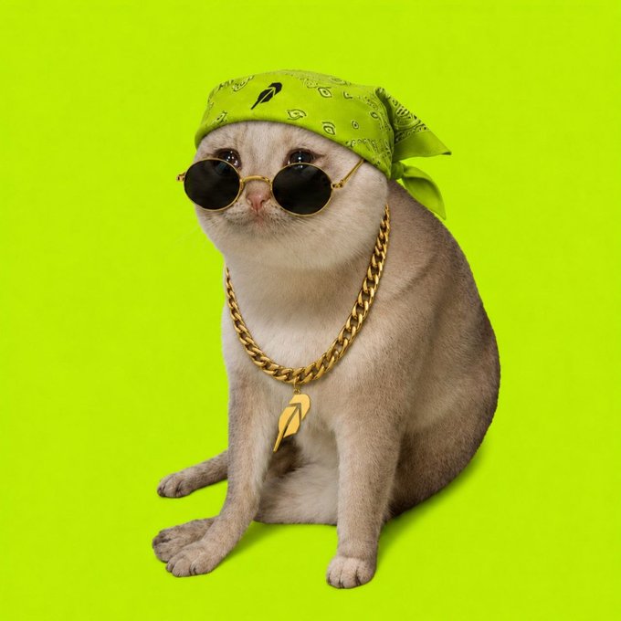 A cat wearing a green bandana, round sunglasses, and a gold chain necklace with a lightning bolt pendant against a bright green background.