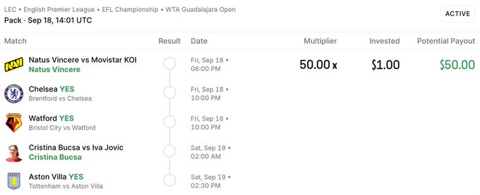 A sports betting slip showing an active parlay pack with multiple matches including Natus Vincere vs Movistar KOI and Brentford vs Chelsea, with a 50x multiplier and $1 invested for a $50 potential payout.