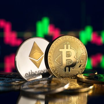 Close-up of gold Bitcoin and silver Ethereum coins with a colorful stock market chart in the background.