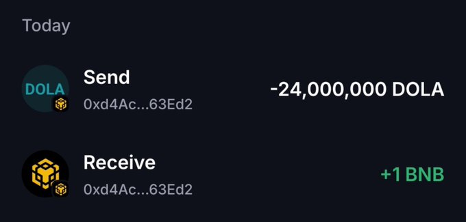 A dark-themed transaction history showing a "Today" swap of 24,000,000 DOLA sent and +1 BNB received from wallet 0xd4Ac...63Ed2, illustrating the presale message's call to buy a minimum of 1 BNB to receive DOLA tokens.