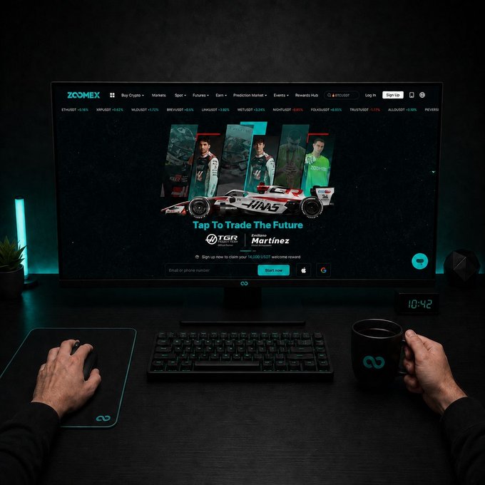 A dimly lit desk setup shows a person with their left hand on a mouse and right hand holding a "∞" branded coffee mug, facing a monitor displaying the Zoomex trading platform with the slogan "Tap To Trade The Future" and cryptocurrency tickers like ETHUSDT and XRPUSDT visible. The image perfectly captures the post's theme of a left-handed trader taking a coffee break while charts trade sideways, featuring the same infinity-symbol branding on both the mug and mousepad.