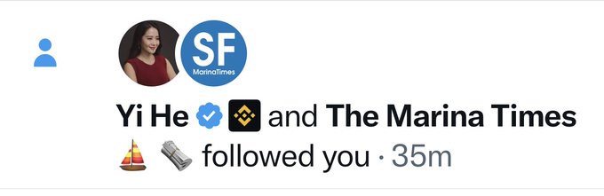 A notification banner shows that "Yi He" and "The Marina Times" (MomoTimes) followed the user 35 minutes ago, with profile pictures of a woman and an "SF" logo. This image illustrates the social media notification referenced in the post about Yi He (@heyibinance), co-founder of Binance, following the user.