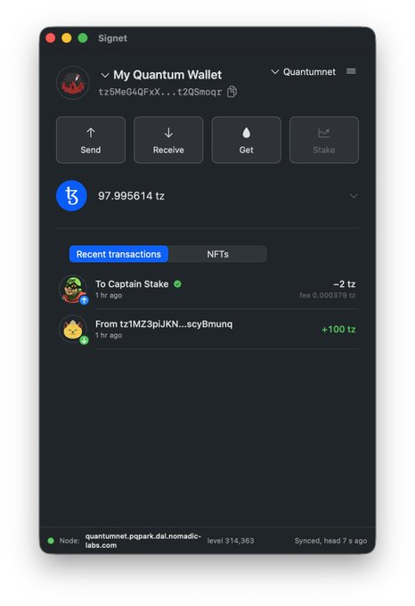 A screenshot of a cryptocurrency wallet interface called 'My Quantum Wallet' showing a balance of 97.995614 tz, with options for Send, Receive, Get, and Stake.