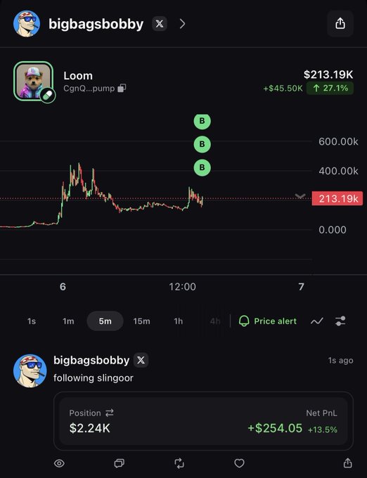 A trading chart for "$Loom" (CgNQ...pump) showing a price of $213.19K, up 27.1% (+$45.50K), posted by user bigbagsbobby with a caption crediting "slingoor" for the call and noting Solana was originally called Loom. The screenshot displays a 5m candle chart with notable "B" buy markers and a position showing +$254.05 (+13.5%) net PnL, illustrating the post's framing of sharing a winning trade from someone else's recommendation.
