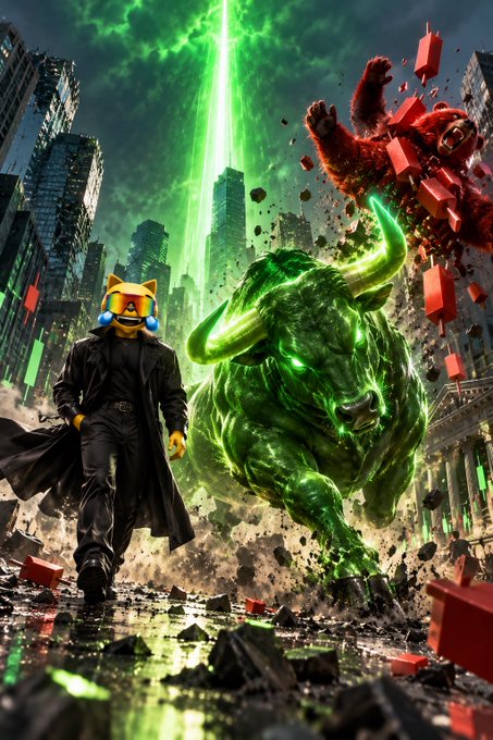 A digital illustration of a person in a cat-eared helmet standing before a glowing green bull in a destroyed city with red candlesticks flying through the air.