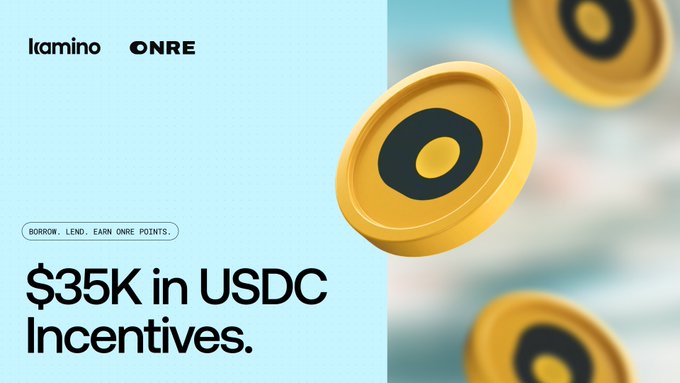 The image features an infographic with a bright yellow circle at its center, surrounded by four black dots. Above this lively visual display, there's text that reads "New incentives are live in the OnRe Market on Kamino. Users can earn a share of $35K in monthly USDC incentives across deposits and borrows, supporting growing demand for ONyc strategies on Kamino' s isolated lending infrastructure". The image seems to be an advertisement or promotion related to Karmino's investment platform offering rewards in the form of USDC incentives.