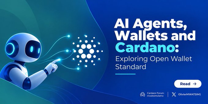 A graphic titled 'AI Agents, Wallets and Cardano: Exploring Open Wallet Standard' featuring a blue robot pointing to the Cardano logo, posted by mwattsimlano and OlivierMWATSIM1 on the Cardano Forum.