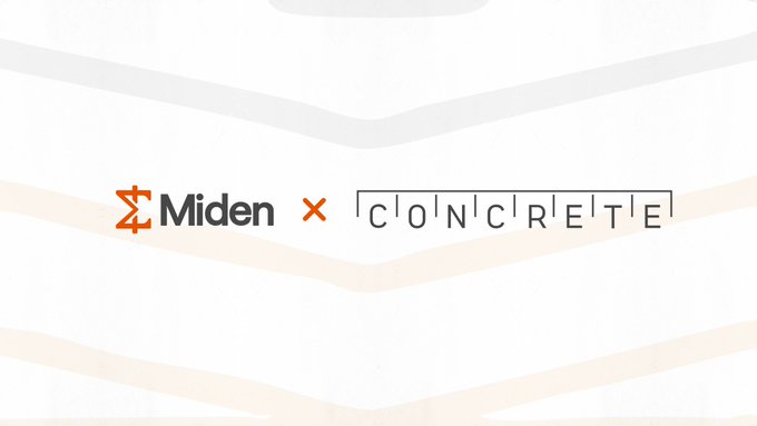 The image displays a partnership announcement banner featuring the logos "Miden" and "CONCRETE" separated by an "X" symbol against a white background with subtle wavy patterns, visually representing the MOU signing between the two blockchain ecosystems to integrate Concrete's Vault infrastructure onto the Miden platform.