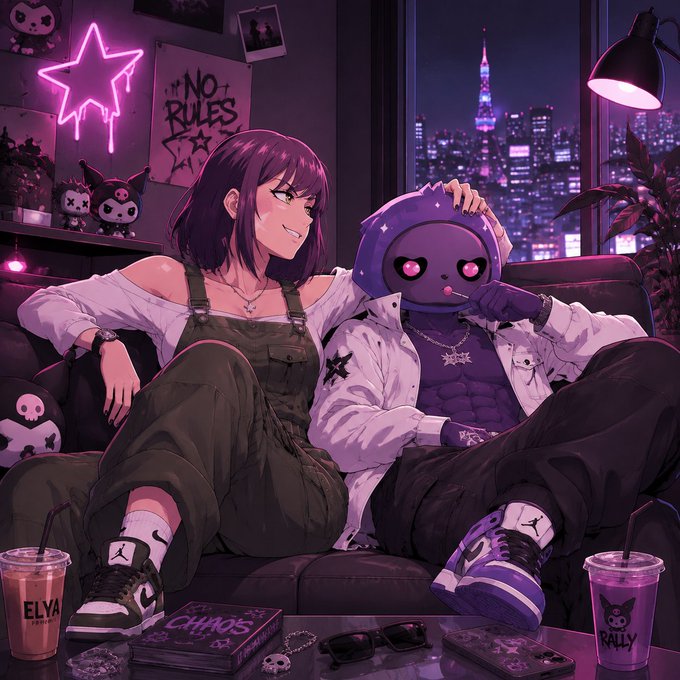An anime-style illustration of a girl with dark hair and a purple alien-like figure sitting together on a couch in a neon-lit room with a city skyline view, surrounded by items like a 'CHAOS' book, 'ELYA' and 'RALLY' cups.