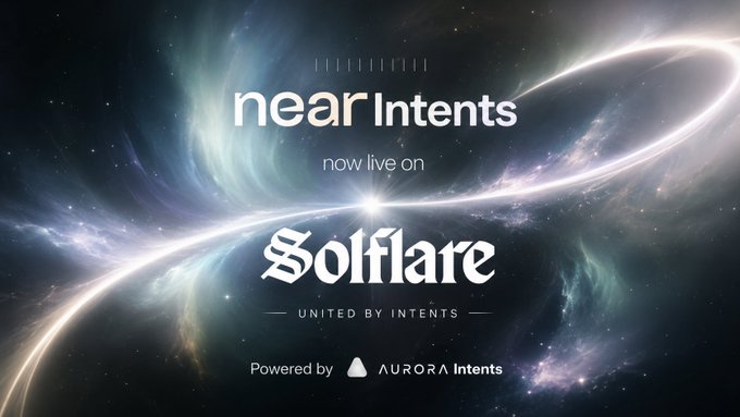 A promotional banner with a cosmic nebula background announcing that 'near Intents' is 'now live on Solflare', powered by Aurora Intents.