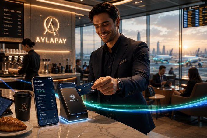 A man in a dark suit smiles while tapping his card on a payment terminal at the 'AYLAPAY' cafe counter, with a menu showing 'SIGNATURE COFFEE' and ocean views in the background.