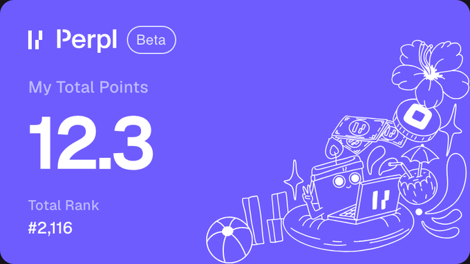 A purple Perpl Beta dashboard showing 'My Total Points' of 12.3 and a 'Total Rank' of #2,116, decorated with line-art illustrations of tropical items.
