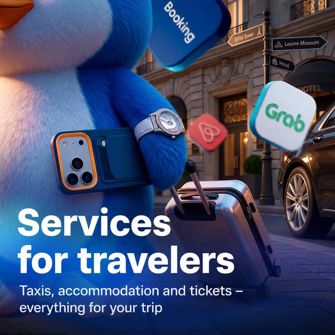 An advertisement showing a blue furry mascot character holding a phone, wearing a watch, and pulling a suitcase, with floating app icons including 'Booking', 'Grab', and Airbnb, alongside text reading 'Services for travelers - Taxis, accommodation and tickets – everything for your trip'.
