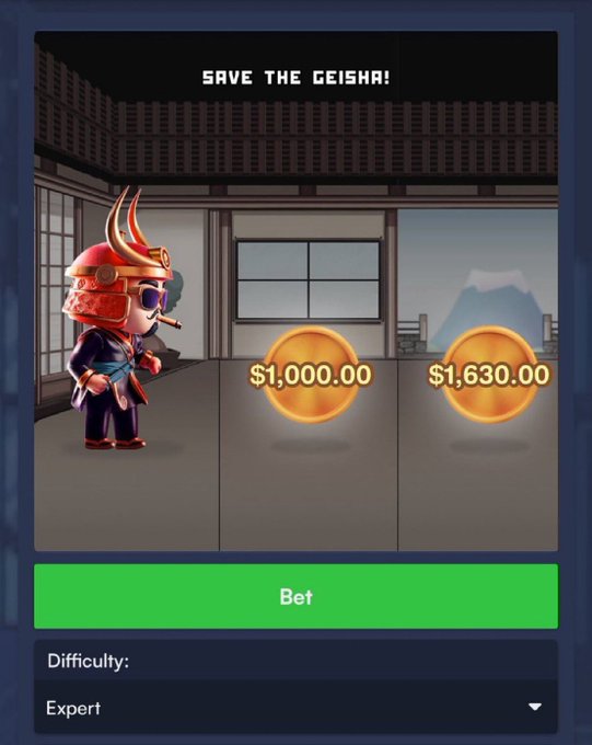 A "Save the Geisha!" betting game on Toshi Bet shows a samurai character with two coin options displaying $1,000.00 and $1,630.00, alongside a green "Bet" button and an "Expert" difficulty setting. The screenshot illustrates the platform's betting interface, suggesting users switch to Toshi Bet to improve their winning chances.
