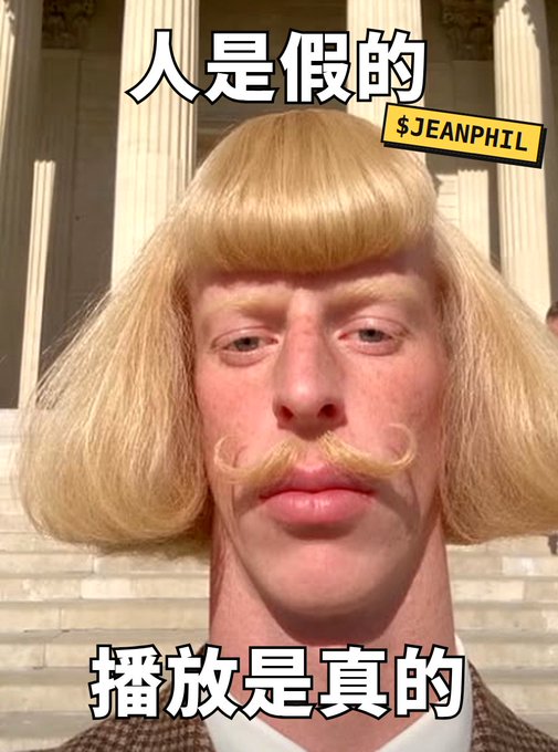 A meme image of a person wearing a blonde bob wig and curled mustache in front of columns, with Chinese text '人是假的' at the top, '播放是真的' at the bottom, and a '$JEANPHIL' label.