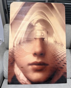 A surreal artwork blending a woman's facial features (lips, nose, and chin) with architectural archways and a tiled floor, creating a double-exposure effect.