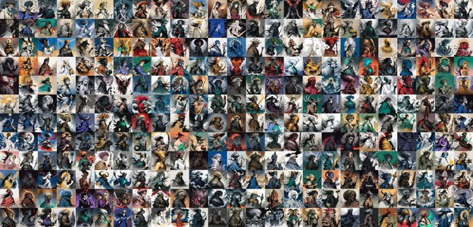A dense mosaic or grid of hundreds of small, colorful fantasy-style character portraits arranged together.