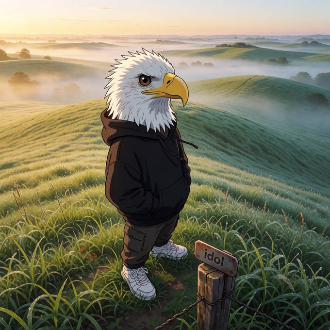 Digital illustration of an anthropomorphic bald eagle wearing a black hoodie standing in a misty green field with a wooden sign reading 'idol'.