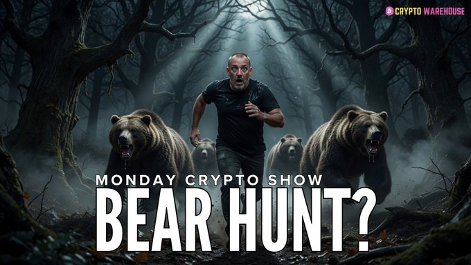 A dramatic crypto-themed graphic for 'CRYPTO WAREHOUSE' advertising the 'MONDAY CRYPTO SHOW: BEAR HUNT?' featuring a man running through a dark forest chased by multiple bears.