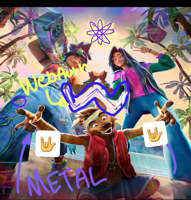 Animated characters pose together with hand-drawn doodles including an atom, the WNBA logo, "WebAuthn," the metal horns hand gesture, and the word "METAL" written in purple.
