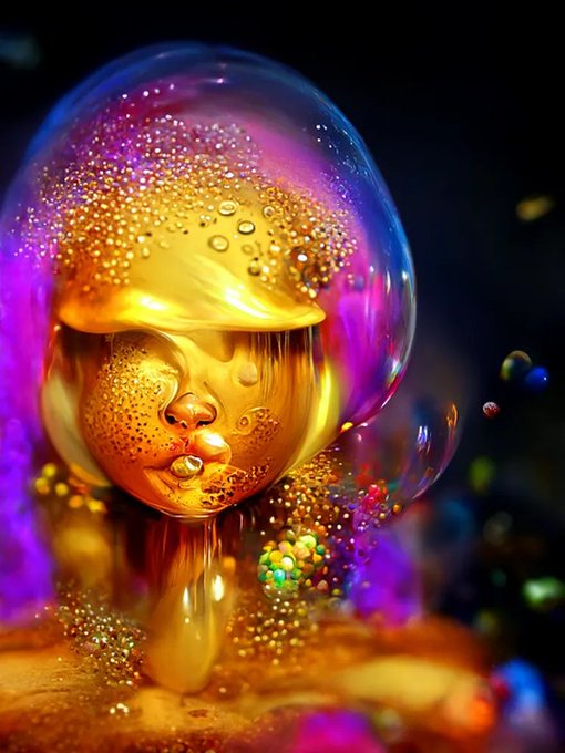 A surreal digital artwork depicts a golden face inside a translucent bubble, with golden liquid dripping down and colorful bubbles floating in the background.