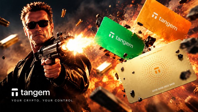 A Tangem crypto wallet advertisement featuring Arnold Schwarzenegger as the Terminator shooting a gun amid flying bullets and three Tangem cards (green, orange, and white).