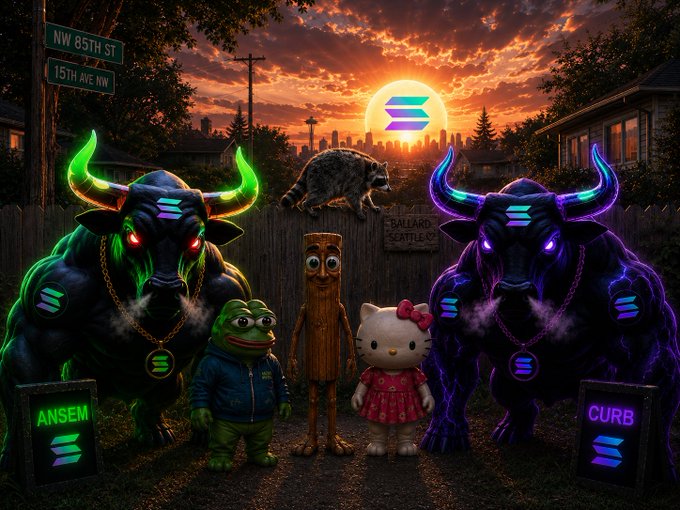 Two neon-lit Solana bulls labeled "ANSEM" and "CURB" stand guard over a lineup featuring Pepe, Hello Kitty, and a wooden figure beneath a sunset Solana logo, rallying bullish energy for $CURB and $ANSEM alongside $SOL and $Jimothy.