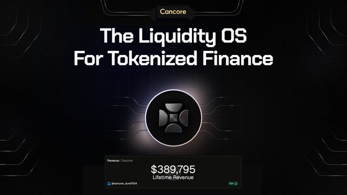 A promotional graphic for Cancore with the text 'The Liquidity OS For Tokenized Finance' and a revenue ticker showing '$389,795 Lifetime Revenue'.