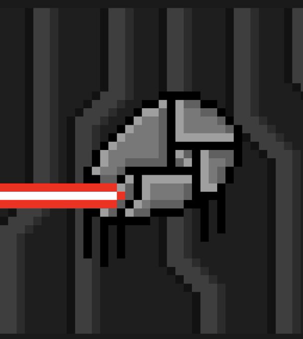 A pixel art illustration of a gray character wearing a helmet, firing a red and white laser beam in a dark, striped environment.