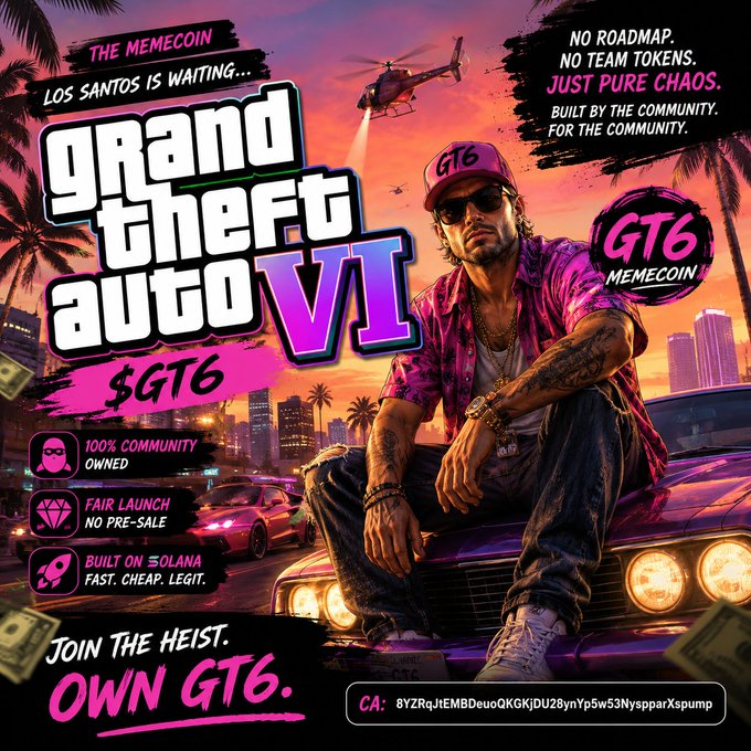 A promotional graphic for a meme coin titled 'GT6' uses Grand Theft Auto VI styling, showing a tattooed man with a 'GT6' cap and listing features like '100% COMMUNITY OWNED' and a Solana contract address.