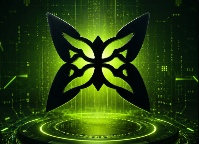 A glowing green butterfly-shaped emblem floating above a circular holographic platform with a digital matrix code background.