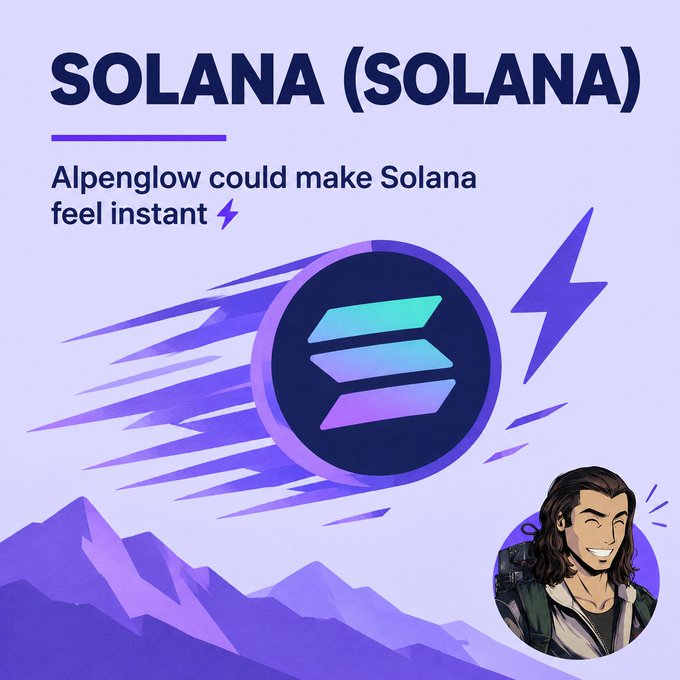 A promotional graphic for 'SOLANA (SOLANA)' stating 'Alpenglow could make Solana feel instant' with the Solana logo, a lightning bolt, mountains, and a character portrait in the corner.