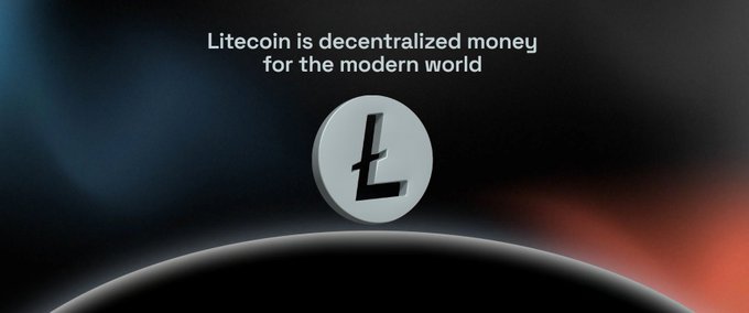 A sleek promotional graphic featuring the Litecoin logo—a stylized "L" on a silver coin—centered against a dark gradient backdrop with subtle red and blue lighting, accompanied by the tagline "Litecoin is decentralized money for the modern world." The imagery reinforces the post's message by visually emphasizing Litecoin's ($LTC) identity as a decentralized, modern currency built for fast, low-cost value transfer.