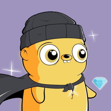A cartoon character resembling a yellow dog wearing a black beanie and cape, with a gold tooth, set against a purple background with a diamond icon.