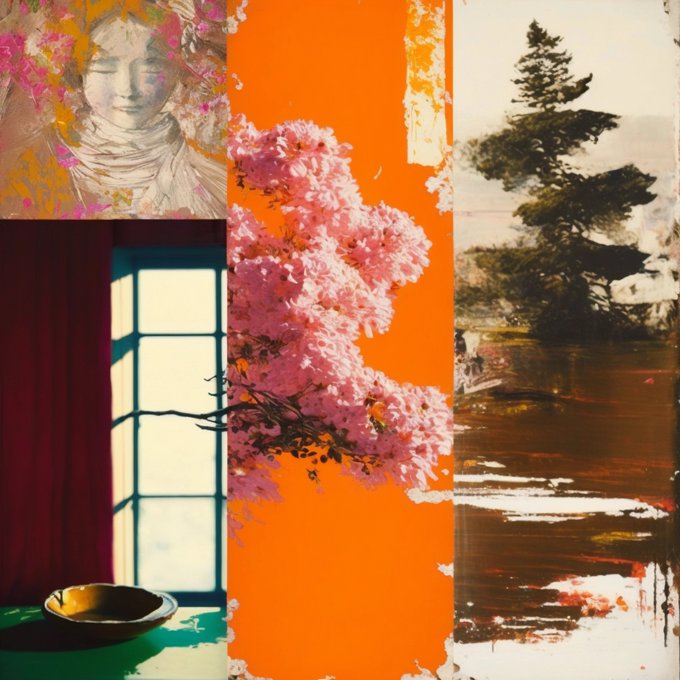 A collage of four distinct scenes—a sketched portrait, a sunlit window with a bowl, a pink cherry blossom tree against an orange background, and a misty lakeside pine—is unified by a warm, contemplative atmosphere that echoes the serene, introspective mood of the "a little light" NFT.