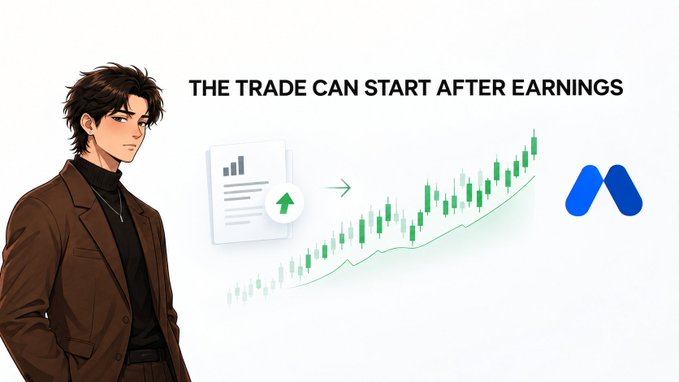 An anime-style man in a brown blazer stands beside a document icon with an upward green arrow and a rising green candlestick chart, with the text "THE TRADE CAN START AFTER EARNINGS" and the MEXC logo displayed alongside. The image visually reinforces the post's message that earnings announcements are now a launchpad for renewed trading activity on MEXC, where 6 of 10 tracked assets hit record stock futures.