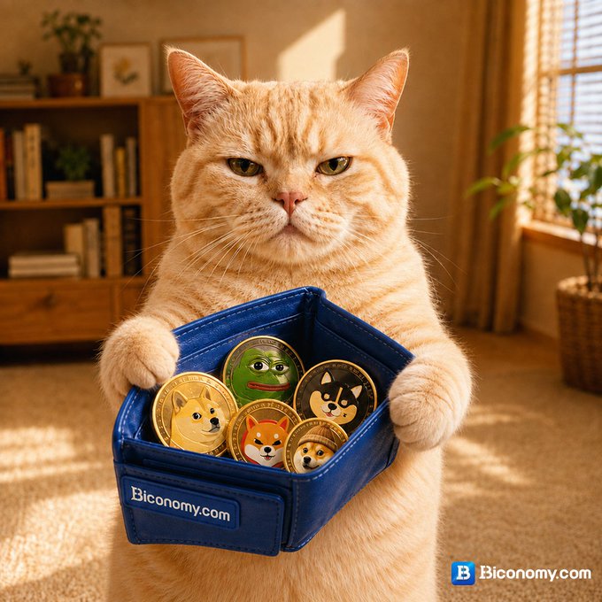 An orange tabby cat holds a blue basket filled with meme coins featuring doge, shiba inu, and pepe designs, labeled 'Biconomy.com'.