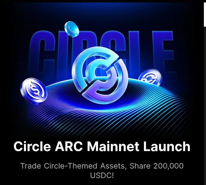 A promotional graphic with a blue color scheme displaying coins and a circular logo, with text reading 'Circle ARC Mainnet Launch' and 'Trade Circle-Themed Assets, Share 200,000 USDC!'.